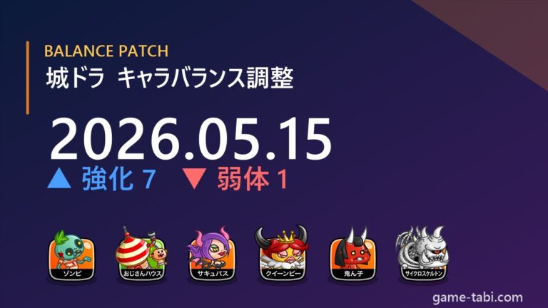 【城ドラ】2026年5月15日 キャラバランス調整まとめ｜クイーンビー・サキュバス強化、剣士ひめ弱体ほか