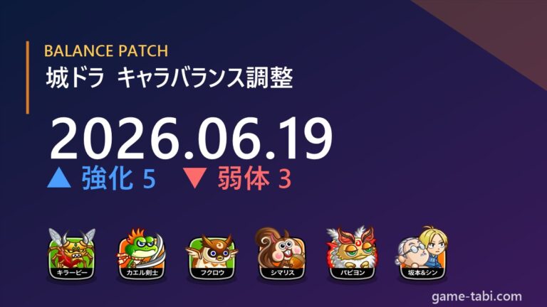 【城ドラ】2026年6月19日 キャラバランス調整まとめ｜キラービー強化・坂本＆シン弱体ほか